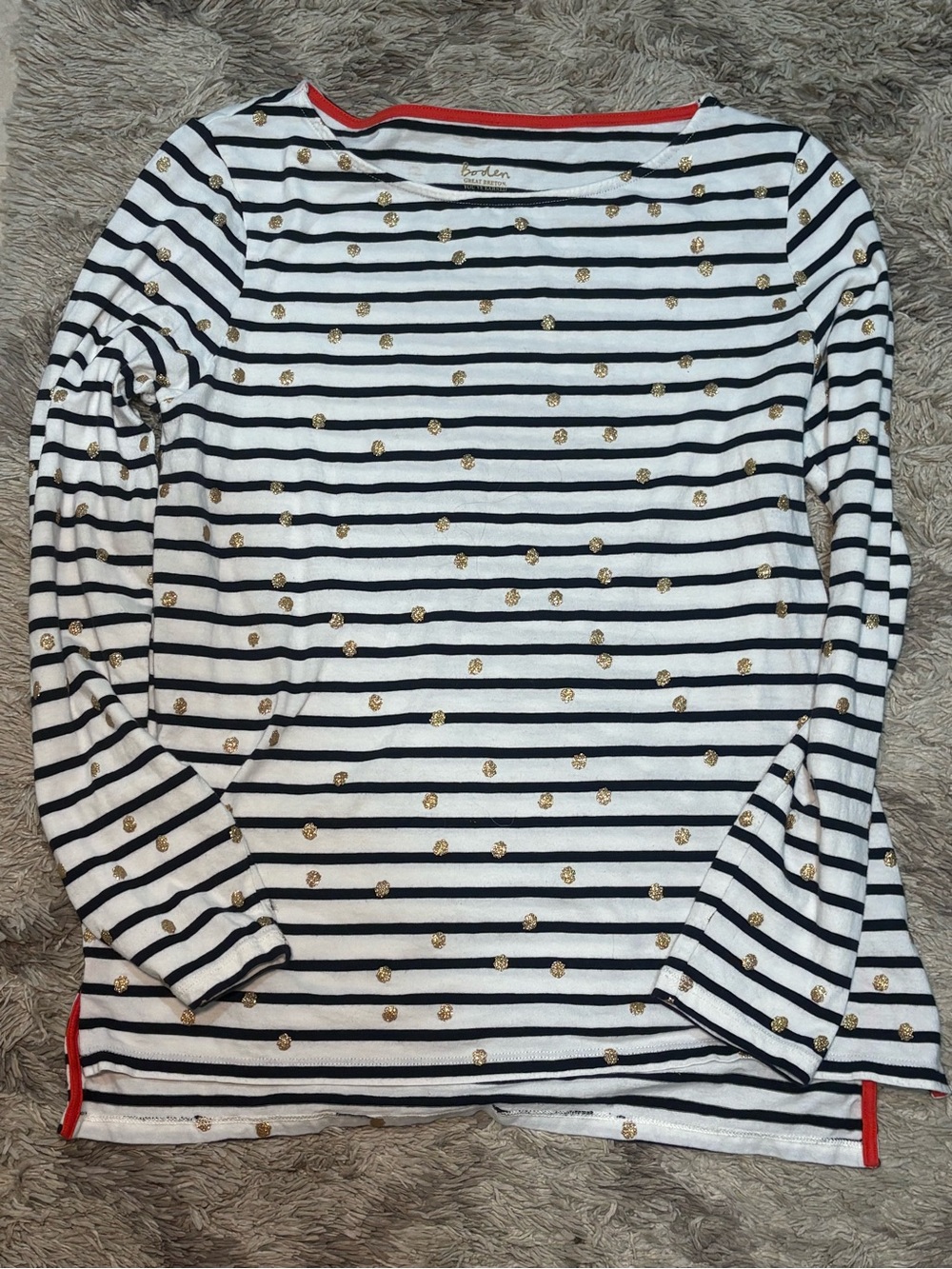 Boden White and Navy Striped Long-Sleeve Top with Gold Dot Accents and Red Trim